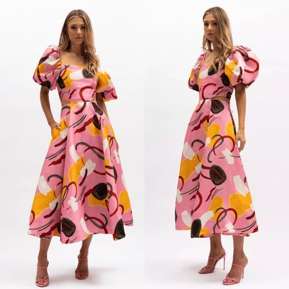 Aureta Studio Ada Midi Printed Linen Puff Sleeve Cutout Dress - Picture 1 of 10